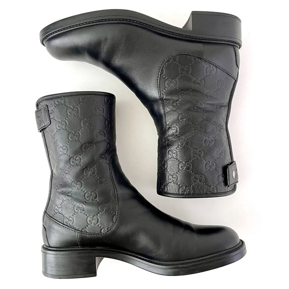 GUCCI || GG Monogram Guccissima Maud Black Leather Short Moto Ankle Boots US 8.5 - Picture 3 of 16